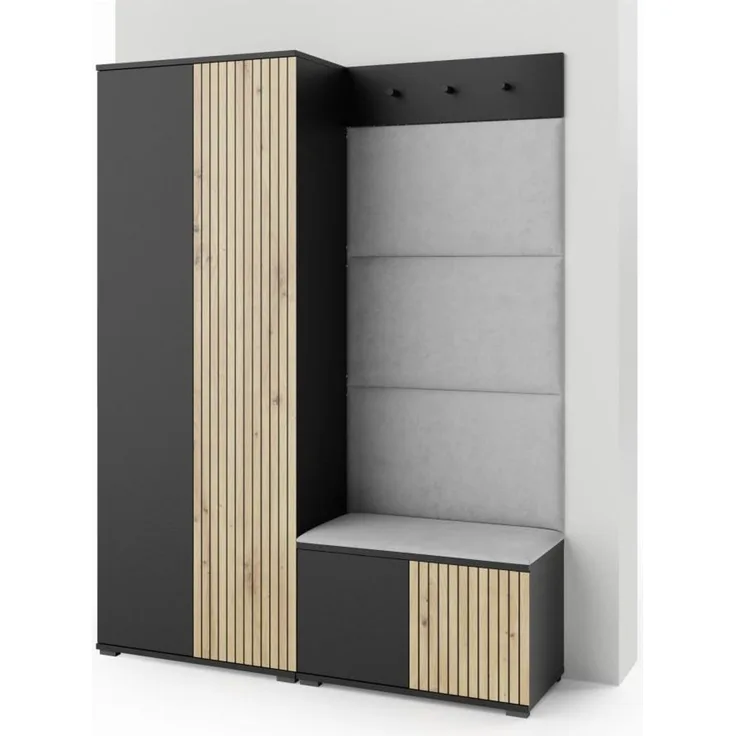 Garderoben-Set Rosario Version 1 mit Lamellen, Kleiderschrank mit Polsterplatten und Schuhschrank (Schwarz / Eiche Artisan, Trinity 14), 185 x 40 x 140 cm