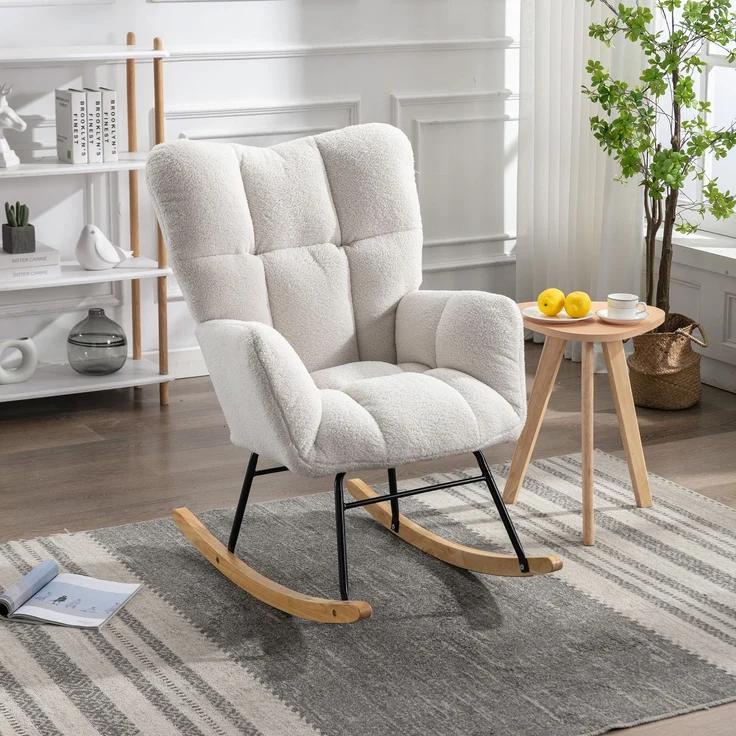 Teddy Weiß Schaukelstuhl mit Holzrahmen und Metallbasis, ergonomisch gepolstert, leises Design für Wohnzimmer & Schlafzimmer – Bild 6