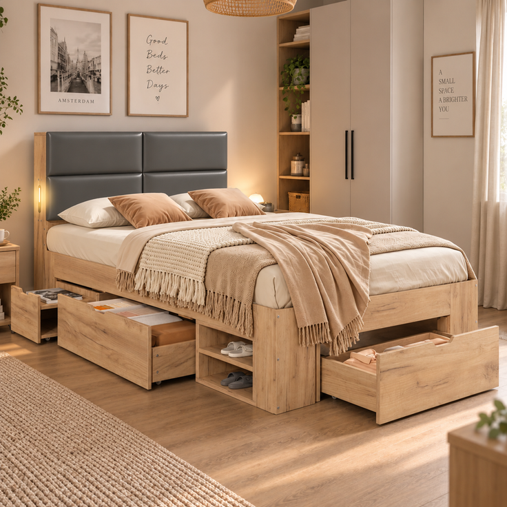 Stauraumbett mit Schubladen, Liegefläche 90×200 cm, Nachtlicht und USB, Natur, ohne Matratze – Bild 4