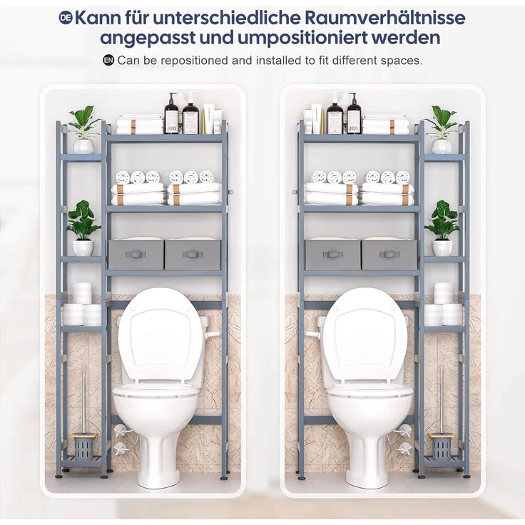 Yorbay Badregal Toilettenregal aus Bambus, Weiß WC Regal Badregal 79x23,3x166 cm, mit 2 Körben, mi 7 Ablagen, Multifunktional, Badezimmerregal, Verstellbar Badregal – Bild 7