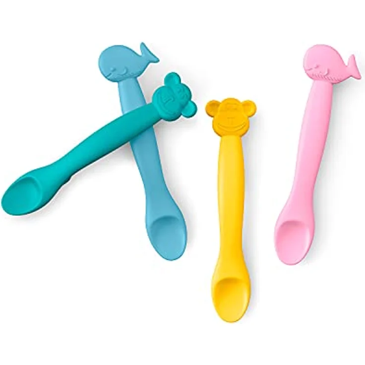 Suavinex Löffel aus Silikon für Kinder + 4 Monate, flexibel mit langem Griff und niedlichen Tieren, weich, für empfindliche Geniss, spülmaschinenfest, Wal, Rosa – Bild 4