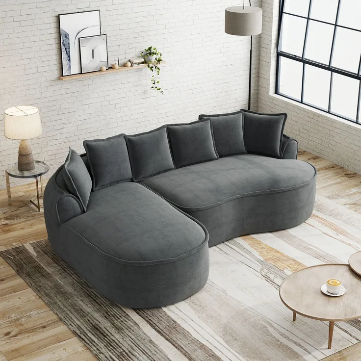 Wohnora-Rahmenloses Sofa, Chenille Stoff Cloud Sofa , L-Form mit extra tiefer Sitzfläche und breiten Armlehnen, mit Chaiselongue & Kissen, kein Aufbau nötig,Grau,H 67cm x T 252cm x B 164cm
