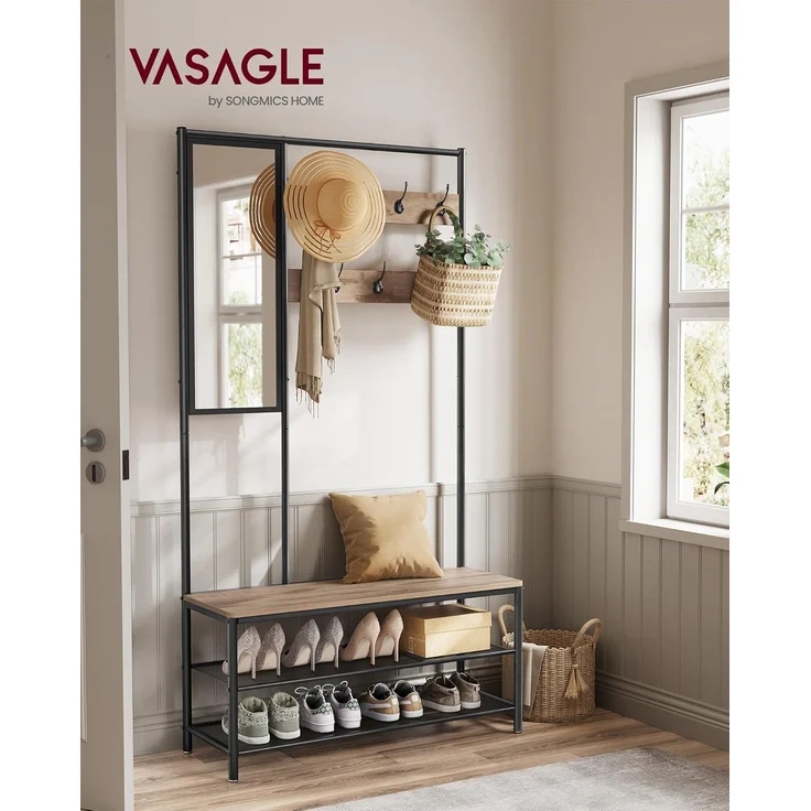 VASAGLE Kleiderständer, Garderobe, Garderobenständer mit Haken, Spiegel, Sitzbank, 35 x 98 x 180 cm, für Eingangsbereich, Schlafzimmer, Wohnzimmer, Industrie-Stil, Kamelbraun-tintenschwarz HSR415K01 – Bild 2