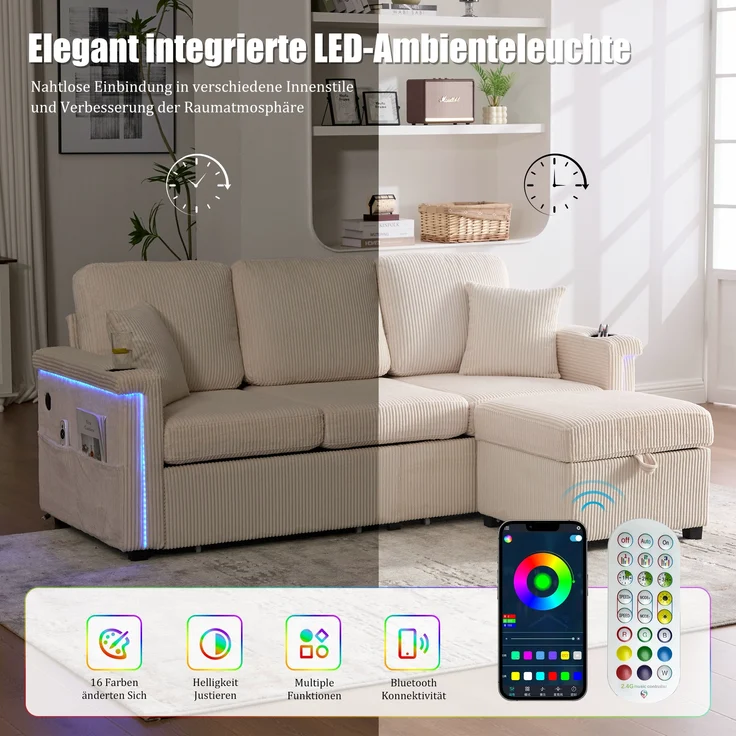 Sofa, Hochwertiges Samtsofa mit LED-Beleuchtung USB-C-Port inklusive Stauraum-Fußteil praktischen Getränkehaltern und Seitentaschen Premium Qualität für Wohnzimmer Schlafzimmer oder Büro, Samt, Beige, – Bild 6