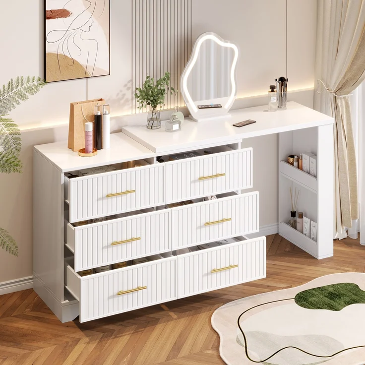Drehbarer Schminktisch B 110 x T 40 x H 129 cm, längenverstellbar, mit LED-Spiegel und 6 Schubladen – Bild 1