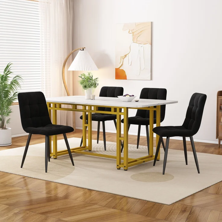 Esstisch Set 120x70 cm mit 4 schwarzen Samtstühlen, goldene Metallbeine – Bild 1