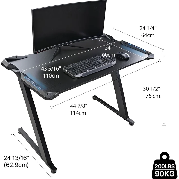EUREKA ERGONOMIC Gaming Tisch Z1S Gaming Schreibtisch Gaming Computertisch PC Schreibtisch Gamer Mit RGB LED Beleuchtung Getränkehalter und Kopfhörerhalter Schwarz – Bild 3