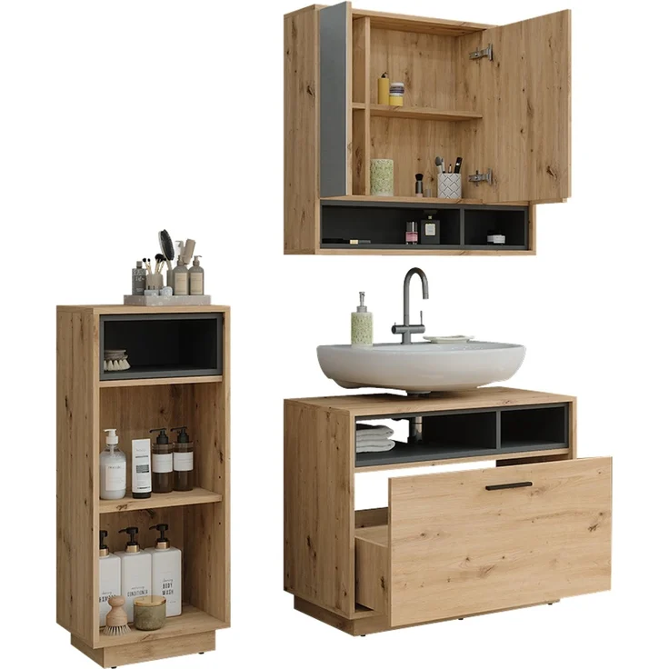 Badmöbel-Set Beatrice Artisan Eiche/Anthrazit 3 Teile mit Midischrank Vicco – Bild 5