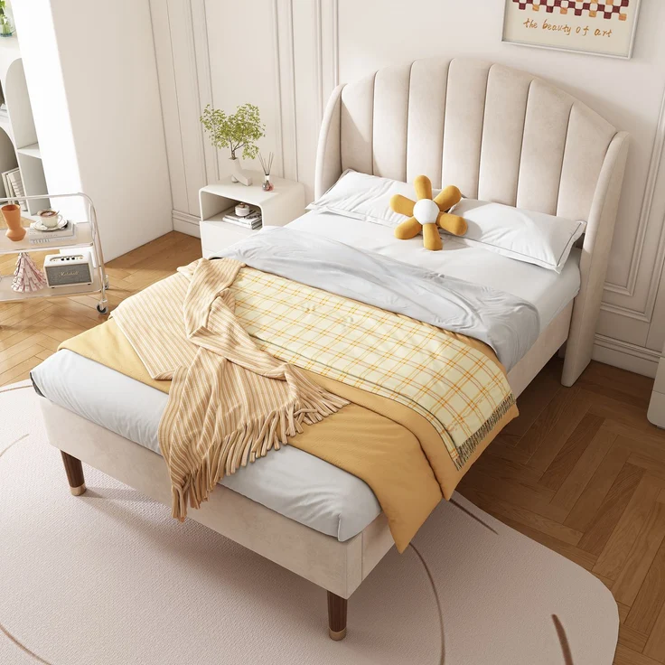 EINHOM Polsterbett 90 x 200 cm mit Lattenrost und Kopfteil, Jugendbett, Einzelbett, Holzlattenunterstützung, Einfache Montage, Samt, Beige, (Ohne Matratze) – Bild 2