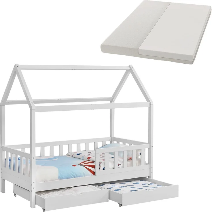 Juskys 'Marli' Kinderbett, mit Matratze, Bettkasten, Rausfallschutz, Lattenrost & Dach - Massivholz Hausbett für Kinder - Bett in Weiß, 80x160 cm – Bild 1