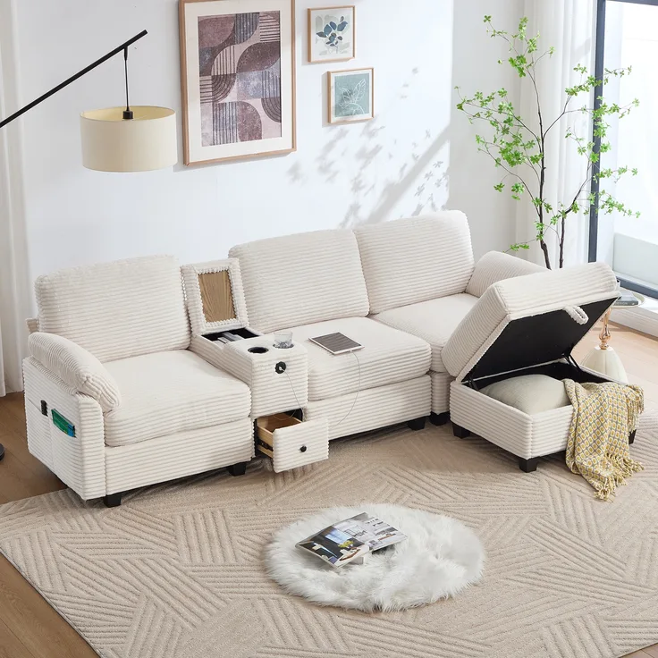 LVHOM 3-Sitzer Sofa mit Hocker, L-Form Ecksofa mit Stauraum, USB-C-Anschluss und 2 Getränkehaltern, modulares Sofa, Beige