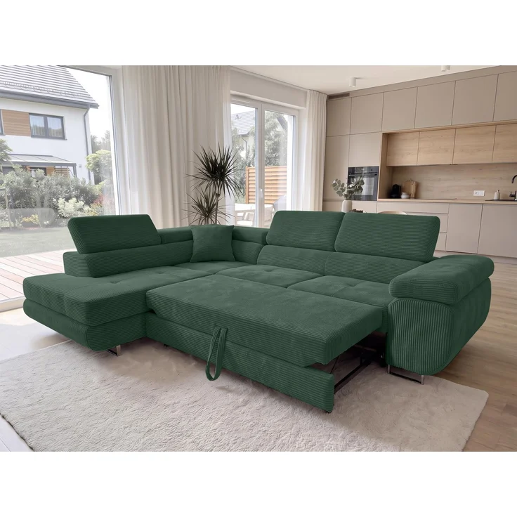AX LIVING Konak Cord-Schlafsofa L Flaschengrün 276 cm, Bettkasten, Kopfstützen – Bild 2