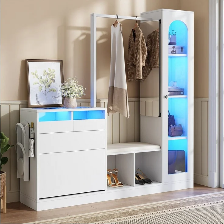 Merax Garderoben-Set 6-in-1 Garderobenschrank Eingangsbereich-Schrank mit LED, (platzsparender Eingangsbereich-Schrank aus Spanplatte, 1-St, 163x161x35cm), Flurschrank mit Spiegel, Schuhschrank, Kleiderstange,9 Stauraumfächern – Bild 1
