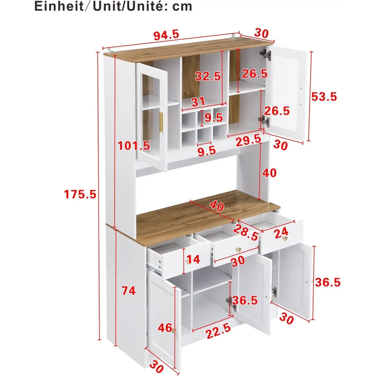 Hochschrank aus MDF mit Glastüren & Schubladen, 94,5x30x175,5 cm, Weiß/Holzoptik – Bild 10