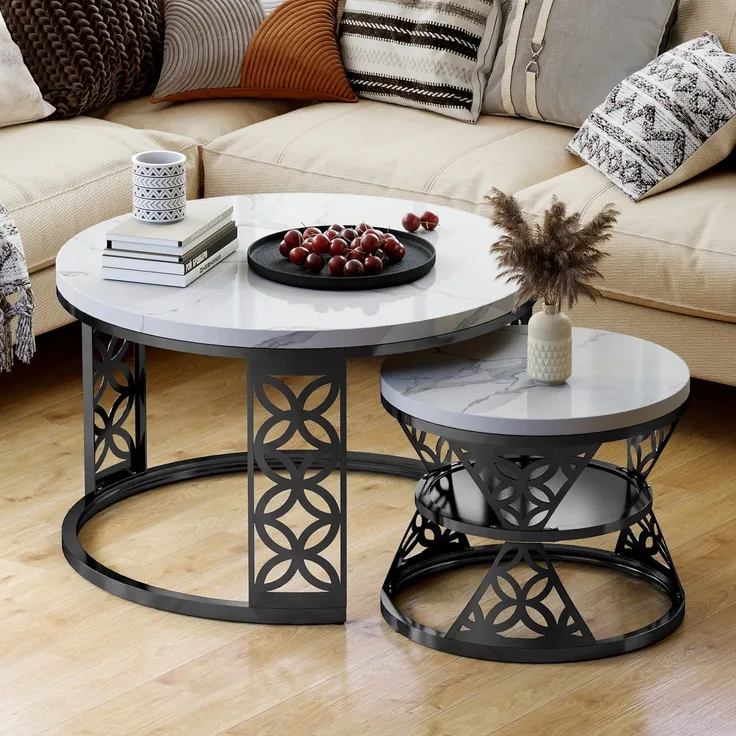 2er-Set Couchtisch nestbar 70x70x45 + 45x45x37 cm, Marmor-Furnier, Metallrahmen, Kontrastdesign