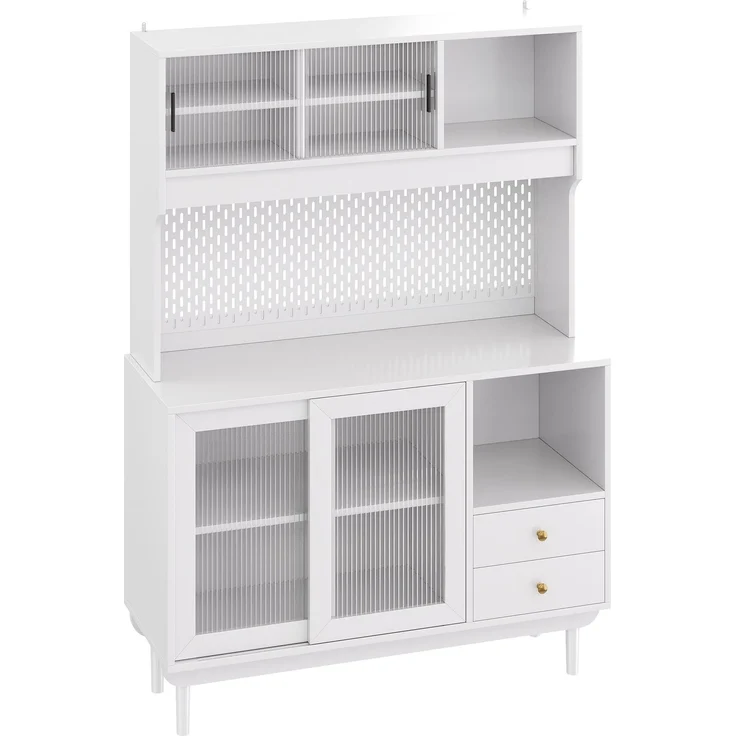 Küchenbuffet mit Riffelglas-Schiebetüren, Lochplatten-Rückwand, Schubladen und offenen Fächern, Küchenschrank aus MDF und Spanplatte mit Kiefernholz Füßen--Weiß--117x30x170cm--YOUDENOVA – Bild 9