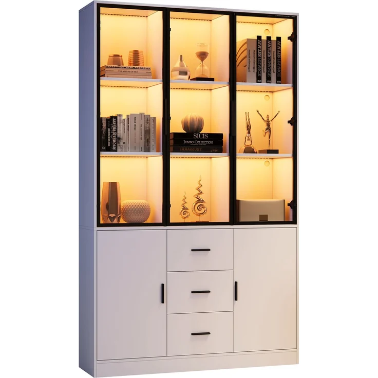 ZUBALIYA Vitrine mit Glasschrank Tür und LED-Licht, Vitrinenschrank Glasvitrine mit MultiStorage Bücherregal, Highboard Sammlervitrine mit Griff, 3 Schubladen & Türen, Wohnzimmerschrank, Weiß – Bild 15