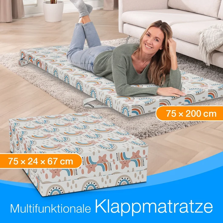 ELONEO Klappmatratze 75x200 cm, 8 cm hoch, Gästematratze klappbar, Faltmatratze, Faltbare Matratze, Bandscheibenwürfel, Reisematratze, Gästebett klappbar, Klappbett waschbar, Regenbogen – Bild 3
