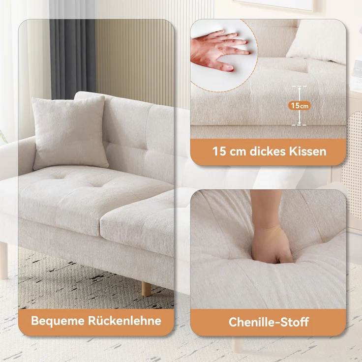 Chenille Kompaktsofa mit Federkern & hohen Massivholzfüßen, 162x74x77 cm, Beige – Bild 7