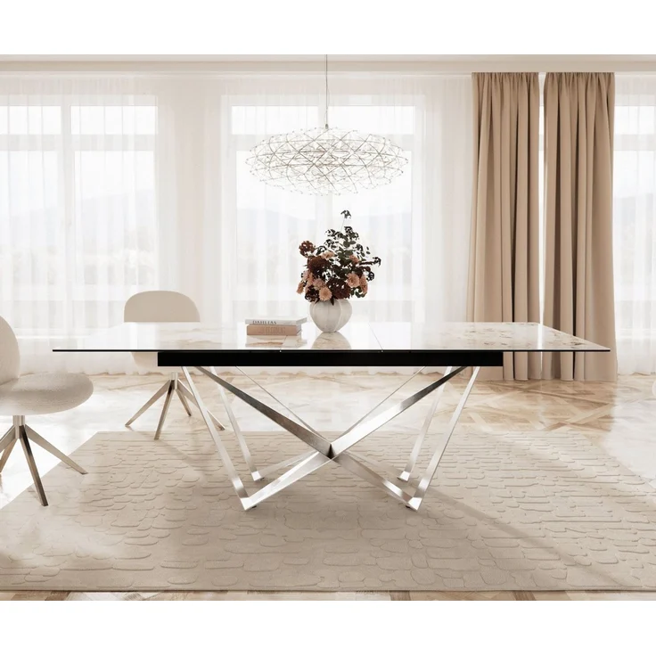 Esstisch Edge 180-220x100 Keramik Minas Melange Weiß-Beige Spider Flachstahl Edelstahl ausziehbar – Bild 2