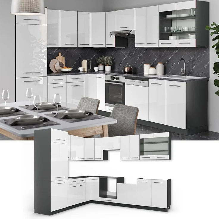 Eckküche Fame-Line Weiß Hochglanz/Anthrazit 287 x 227 cm ohne Arbeitsplatte Vicco – Bild 5