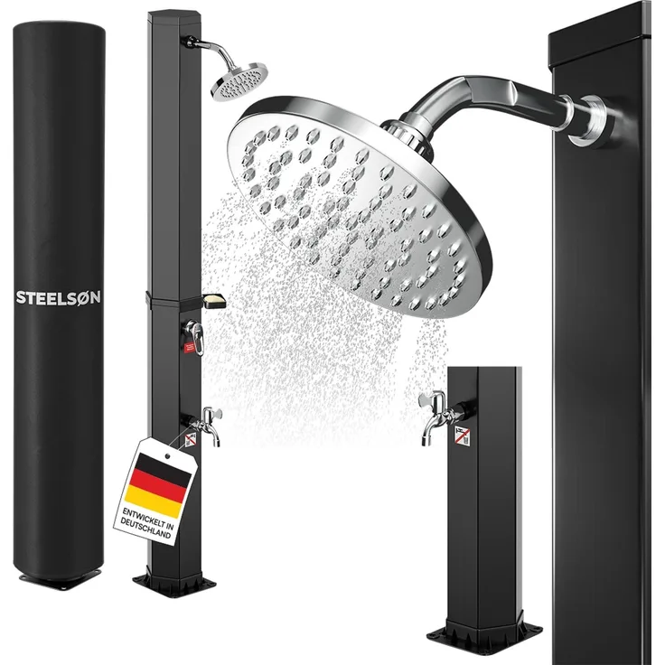 STEELSØN 'Xypher' Solardusche 60L, hexagon, schwarz, warmes Wasser bis 60°C, schwankender Regenduschkopf und Wasserhahn, Gartendusche inkl. Schutzhaube