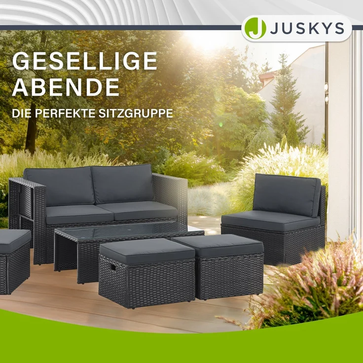 Juskys Polyrattan Gartenmöbel Set Salou - Outdoor Lounge wetterfest 6 Personen - Sitzecke mit Tisch & Kissen für Garten, Balkon, Terrasse - Schwarz – Bild 6