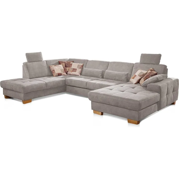CAVADORE Wohnlandschaft Puccino mit Federkern, Sitztiefenverstellung und 2 Kopfstützen / Sofa in U-Form im Landhausstil / 340 x 86 x 224 cm / Mikrofaser Hellgrau