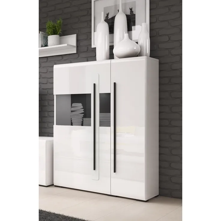 Highboard Vitrine weiß Hochglanz TURDA-83 modern mit Absetzungen in schwarz, B/H/T: ca. 90/136/39 cm