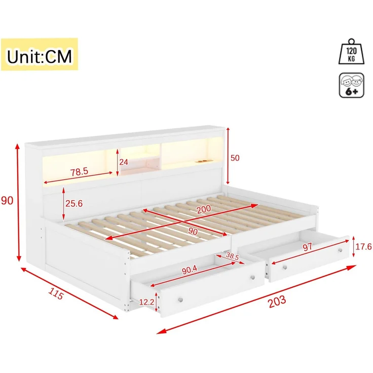 Merax Kinderbett LED Daybett Einzelbett 90x200cm mit Ladefunktion und 2 Schubladen, Weiß – Bild 4