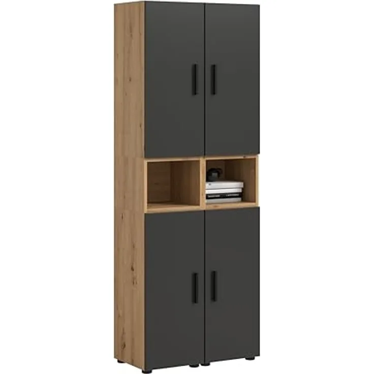 xonox. home – Wohnkombination The One 65x178x34 cm in Artisan Oak und Basalt – Schmale hohe Vitrine mit 4 Türen – 10 Fächer garantieren platzsparende Ordnung in einem markanten, dunklen Holzlook