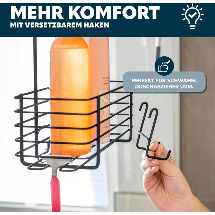 Duschregal mit 2 Körben, Duschkorb zum Einhängen mit versetzbarem Haken aus schwarzem Metall – Bild 6