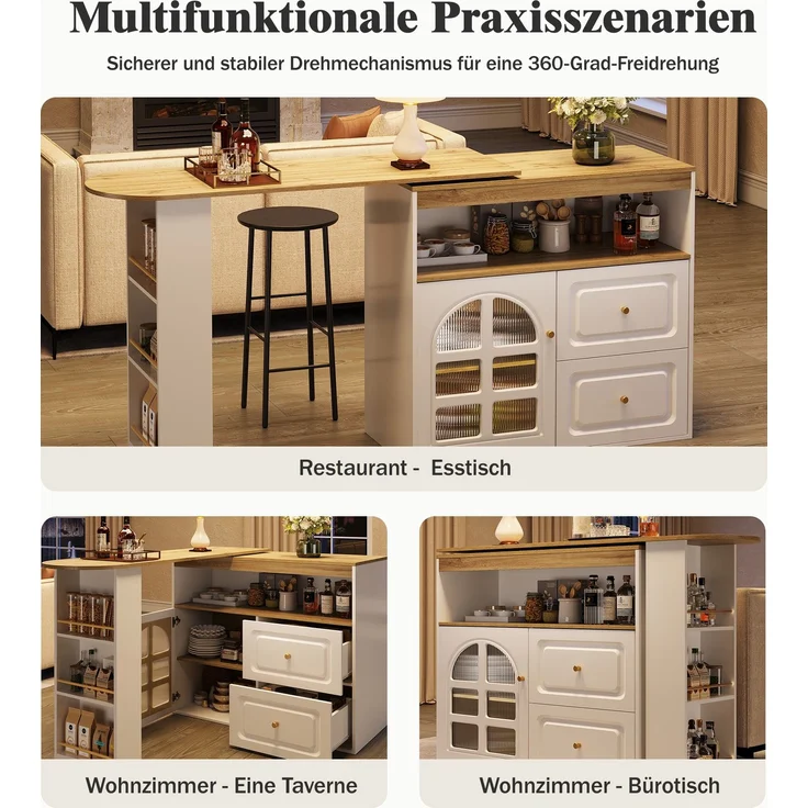 Stehtisch ausziehbar MDF Glastür Schubladen Snackregal 360°-Drehbar Sideboard Küchenwagen Wohnzimmertisch – Bild 6