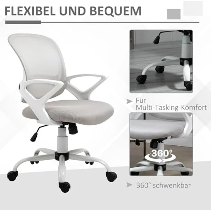 Vinsetto Bürostuhl gepolsterter Bürostuhl mit Schwenkrädern (höhenverstellbarer Arbeitsstuhl, 1 St), 61 x 61 x 89-99 cm, Grau – Bild 7