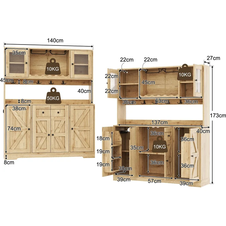 Küchenschrank, hoher Schrank mit LED-Beleuchtung und Steckdosen, Vorratsschrank mit Acrylglastüren, Weinregalen und Weinglashaltern, Vitrinenschrank für Wohnzimmer & Esszimmer, 140 × 40 × 173 cm--Natürlich--140x40x173cm--YOUDENOVA – Bild 4