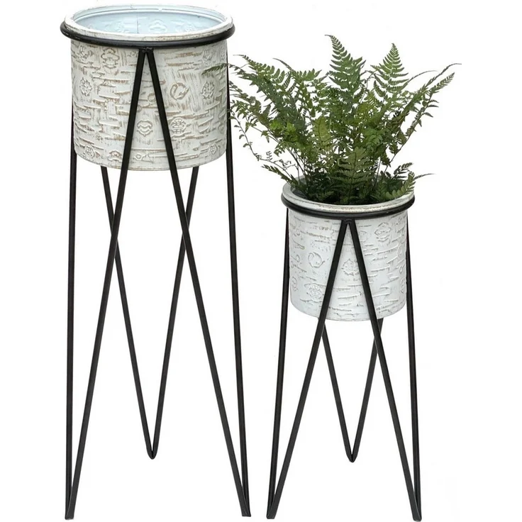 DanDiBo Blumenhocker mit Topf Metall Schwarz Weiß 2er Set Blumenständer 96043 Blumensäule Modern Pflanzenständer Pflanzenhocker – Bild 1