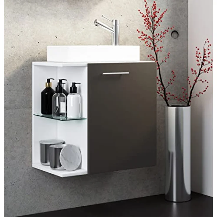 VCM Badmöbelset "Hausa", 2-tlg. Gäste WC Waschplatz mit Keramik-Waschbecken und Glasfachboden, schmal, 63 x 52 x 34 cm – Bild 4