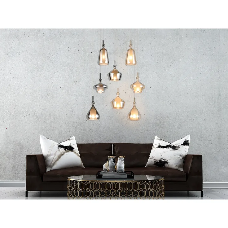 LED Cluster Pendelleuchte 8-flammig Glas Bernstein & Chrom verspiegelt, Ø 72cm