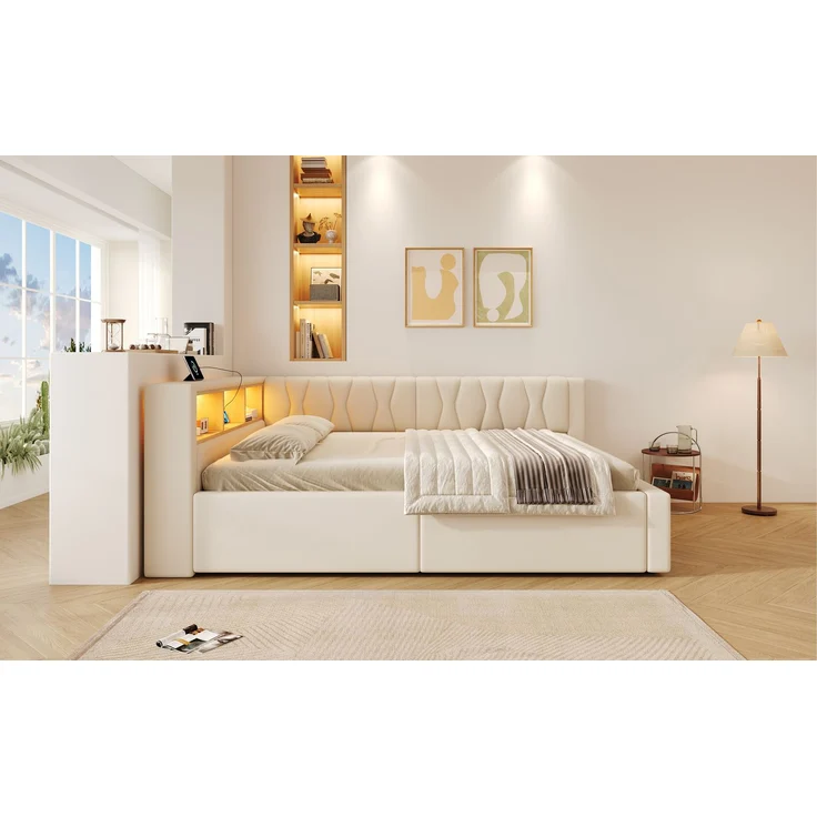 TavilaEcon Daybett Schlafsofa, Tagesbett mit dimmbarer LED-Leiste & USB-Anschluss beige Liegefläche 140 × 200 cm – Bild 3