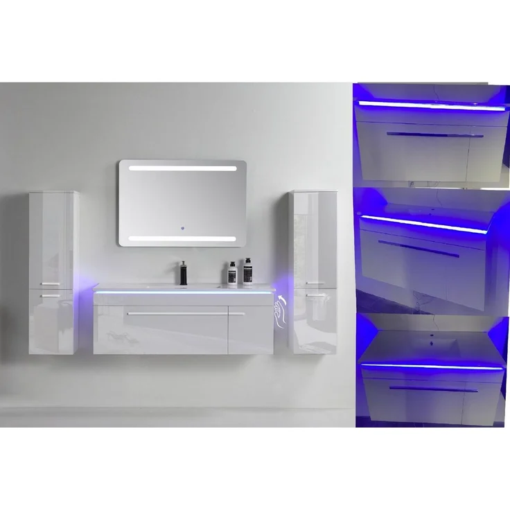 Faizee Möbel Badmöbel-Set Badmöbel set, Weiß komplett 5TLG 90/120 cm, (Komplett-Set, 5-St), LED-Spiegel mit Touch Badmöbel-Set VORMONTIERT Hochglanz lackiert – Bild 1