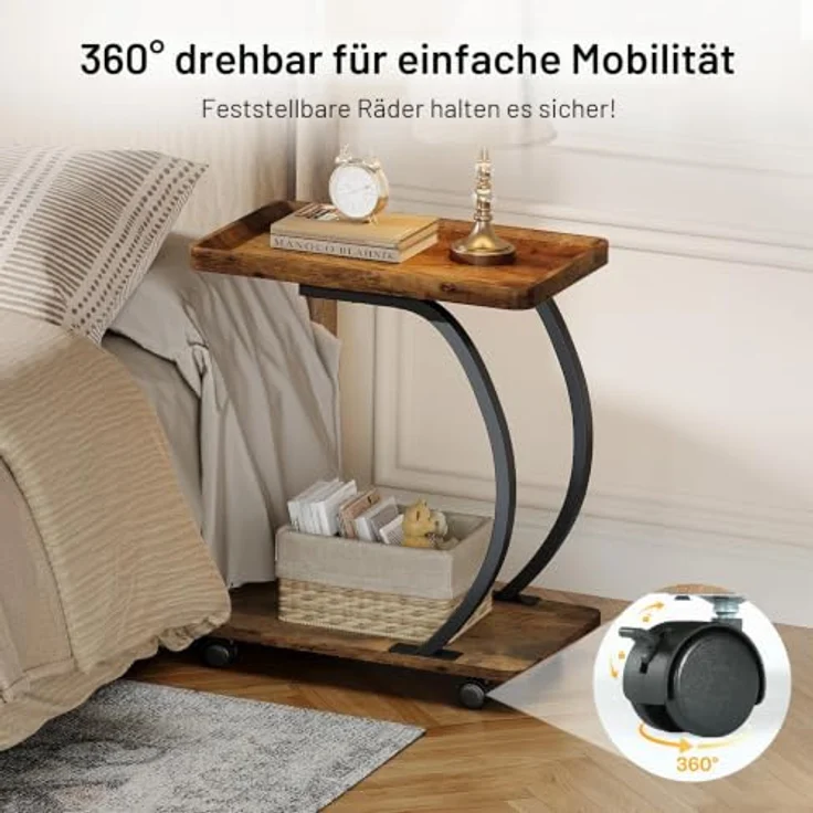 LITTLE TREE Beistelltisch mit Rollen, C-Form Beistelltische, Schmaler Sofatisch für kleines Wohnzimmer, 52 x 34 x 60 cm, Seiten"Tisch für Laptop, Kaffee und Snacks, Braun – Bild 5