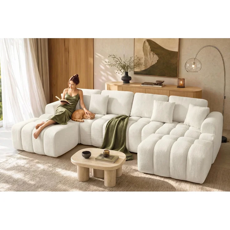 VASAGLE Modulares Sofa, 6-Sitzer, Schlafsofa, Rahmenlos, Chenille | Couch, 157 x 306 x 85 cm, für Wohnzimmer, weiß, CAMILA Kollektion LCS168W101-02