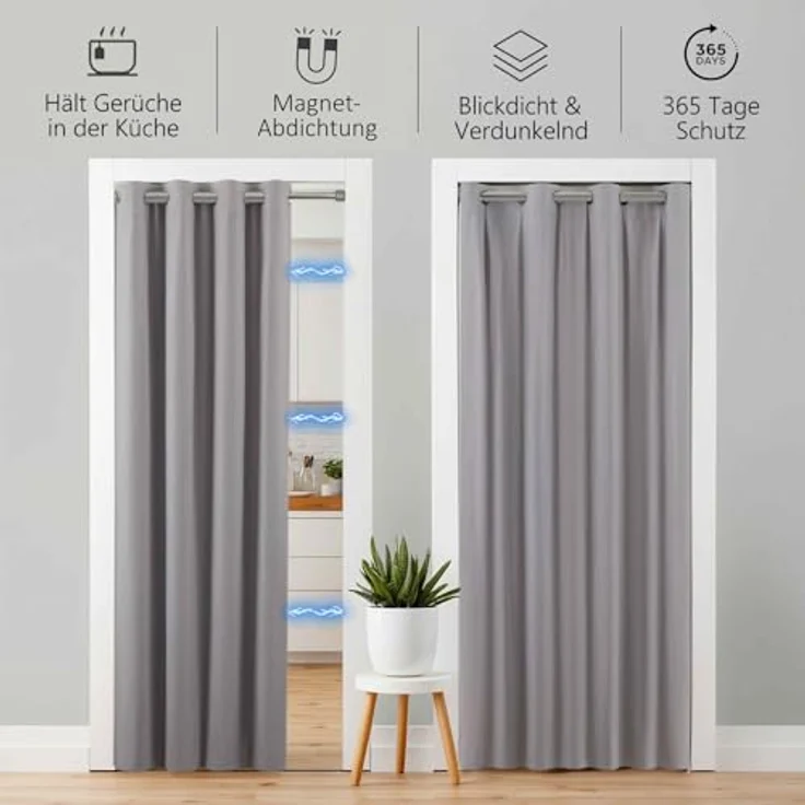 tinycurtains Türvorhang mit Stange silber 70-120 cm Thermo Vorhang ohne Bohren, mit Magneten, Ösen, abdunkelnd, Polyester, hellgrau Moonlight, Türgardine mit Klemmstange Raumtrenner verdunkelnd – Bild 6
