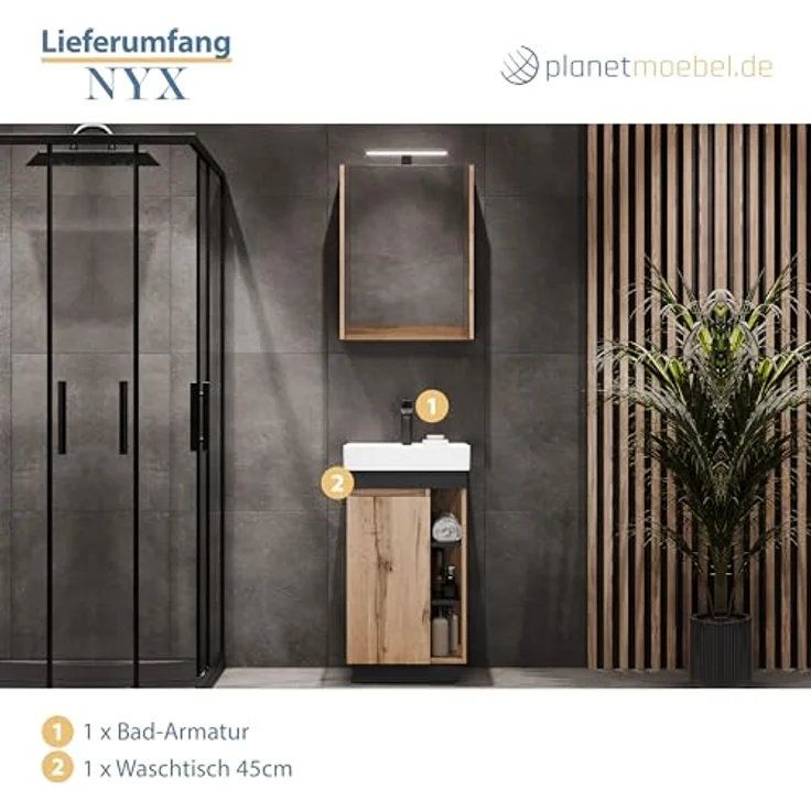Planetmöbel Badmöbel-Set Nyx, (45cm Waschtisch mit Armatur, 2-St), Badezimmer Waschtisch 45 cm für Gäste-Bad & WC – Bild 6