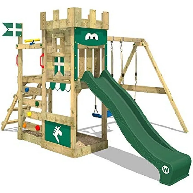 WICKEY 'Spielturm Ritterburg RoyalFlyer', mit Schaukel & grüner Rutsche, Spielhaus mit Sandkasten, Kletterleiter & Spiel-Zubehör