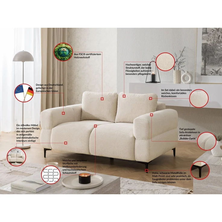 S-Style Möbel 2-Sitzer Sofa Cardea in Bubble-Optik aus weichem Strukturstoff, mit Wellenfederung und hohem Sitzkomfort – Bild 2