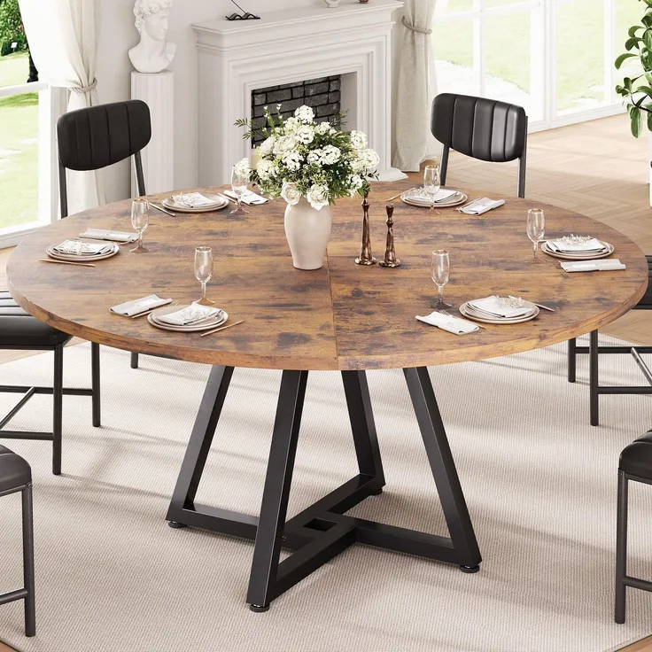 Jocoevol Runder Esstisch für 4-6 Personen, Küchentisch mit stabilem Metallgestell, platzsparender Esszimmertisch im Industrial Design (Vintage Braun, 130x130x76cm)