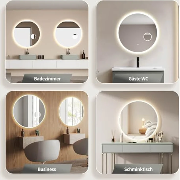 HOKO Runder LED Badspiegel 80cm Hamburg, Designspiegel mit 3-fach Kosmetikspiegel, Touch Schalter, LED Lichtwechsel - Warmweiß - Kaltweiß - Neutral – Bild 2