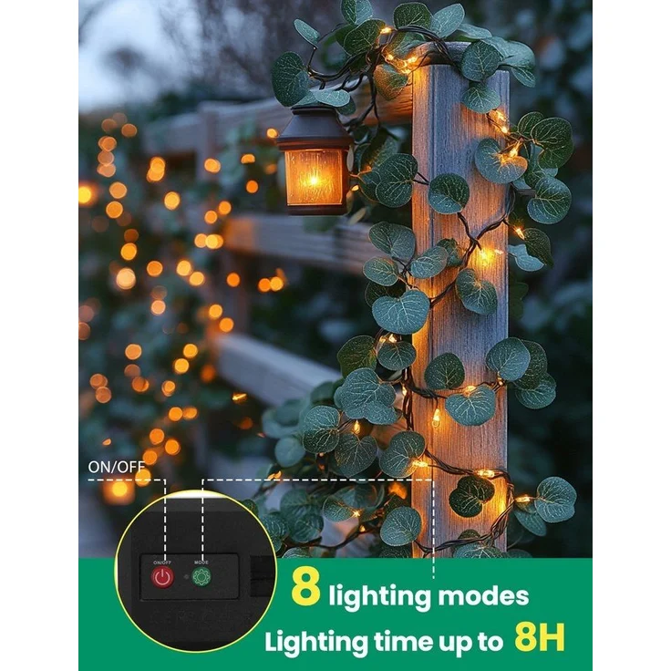 Aigostar LED-Lichterkette Lichterkette Solar Außen 12M 100LED Künstlicher Efeu Lichterkette IP65, 8 Lichtfunktionen – Bild 2