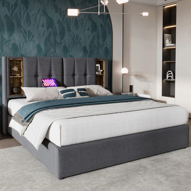 EINHOM Doppelbett 140x200cm mit Stauraum Lattenrost, Polsterbett mit Kabellosem Laden USB C, Leinen, Grau (Ohne Matratze) – Bild 1
